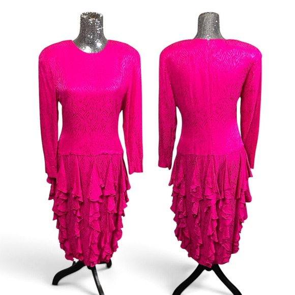 Adrianna Papell Dresses & Skirts - Vintage Adrianna Papell 100% Silk Fuchsia Long Sleeve Tiered Ruffle Midi Dress M
